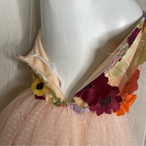 Just Me Floral Appliqué Tiered Dress One Shoulder Peach Pink M Tee Length Prom - Picture 9 of 12